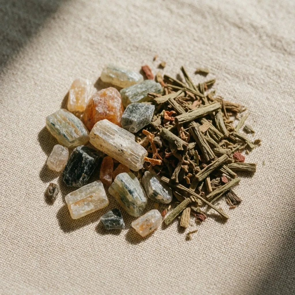 Mineral and plant material on canvas