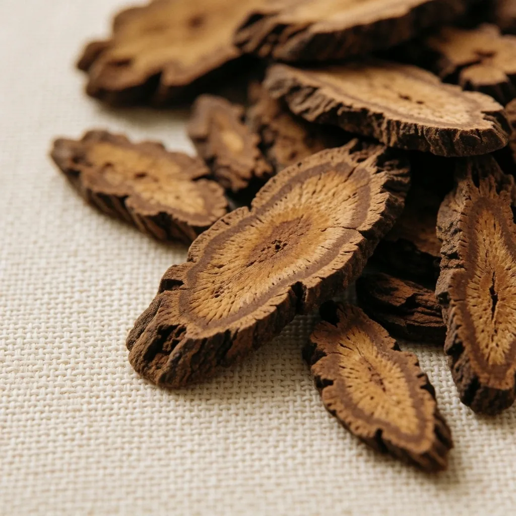 Dried tongkat ali root slices on canvas fabric