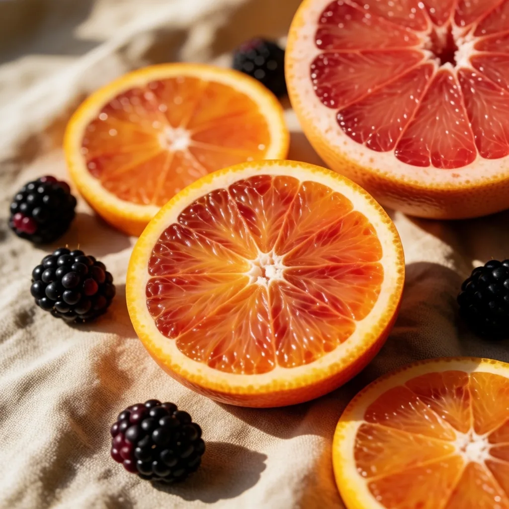 Citrus fruit and berries on linen cloth