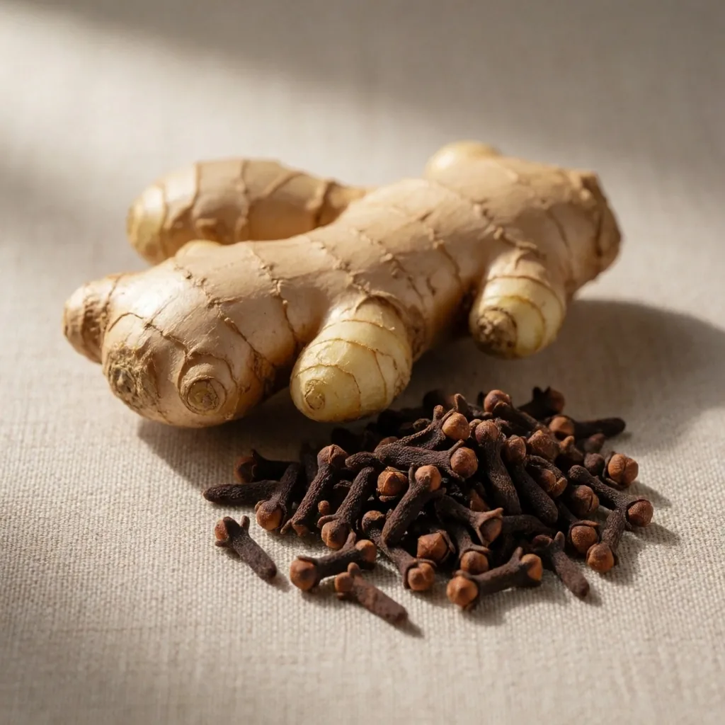 Fresh Indonesian ginger root and dried botanicals on linen