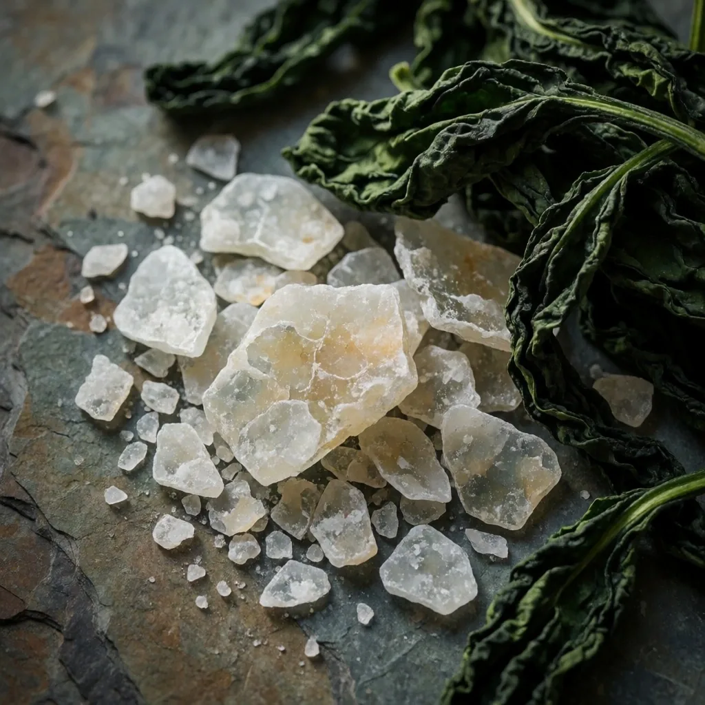 Mineral salts and leafy greens on dark stone