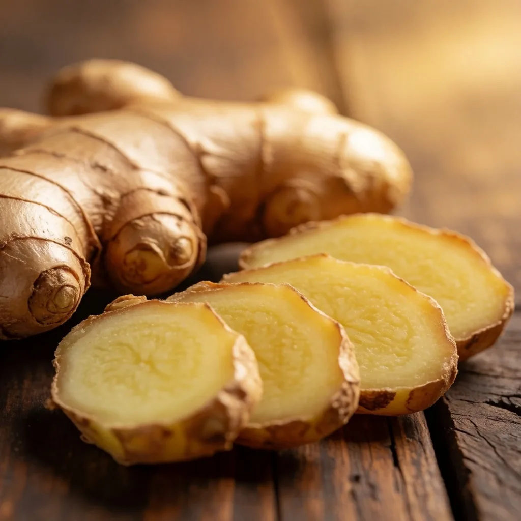 Fresh Indonesian botanical roots on a wooden surface