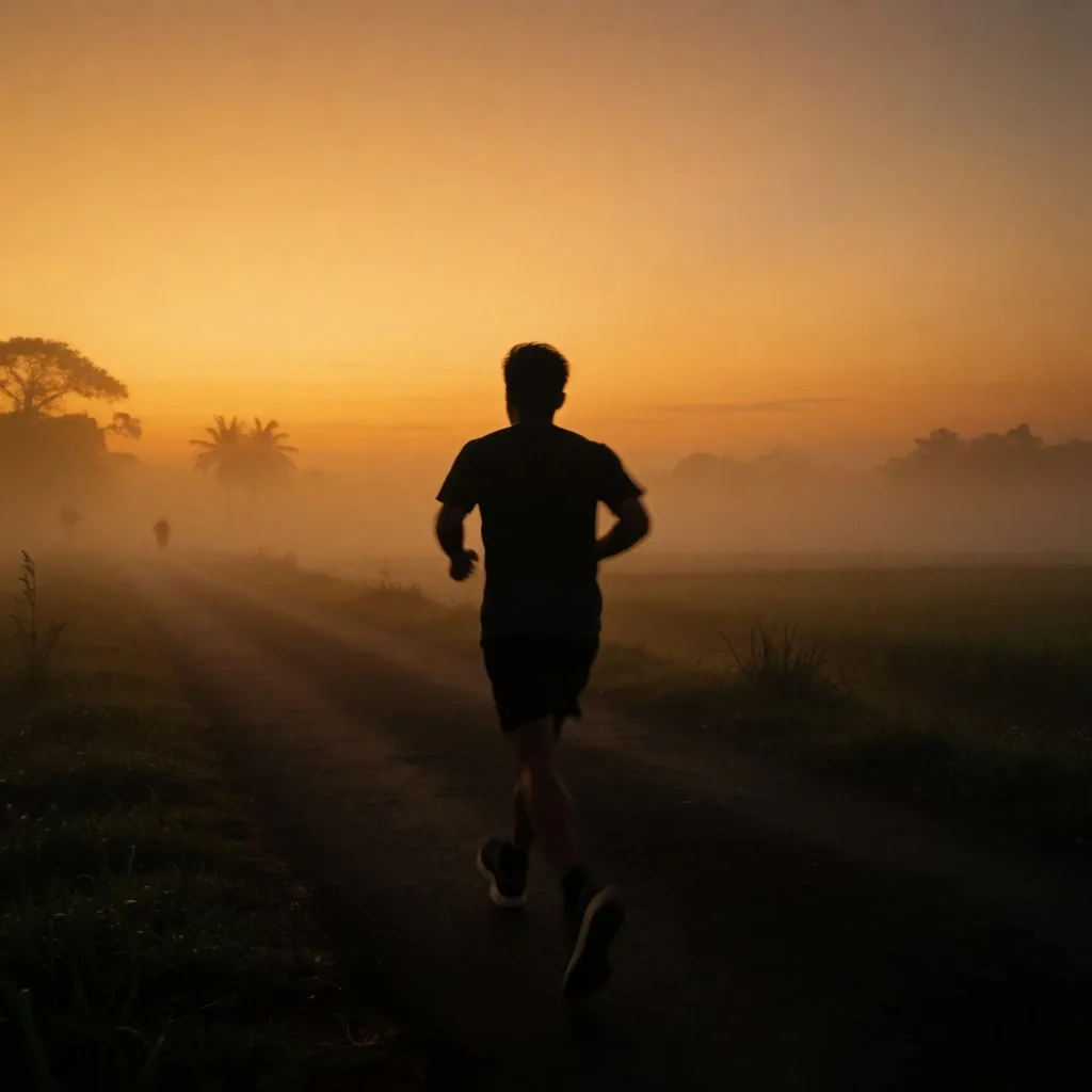 Silhouette of a runner on a rural road at dawn