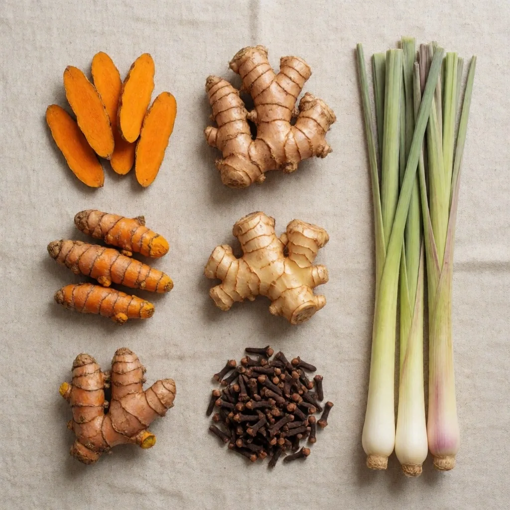Assorted Indonesian botanical ingredients arranged as a flat lay