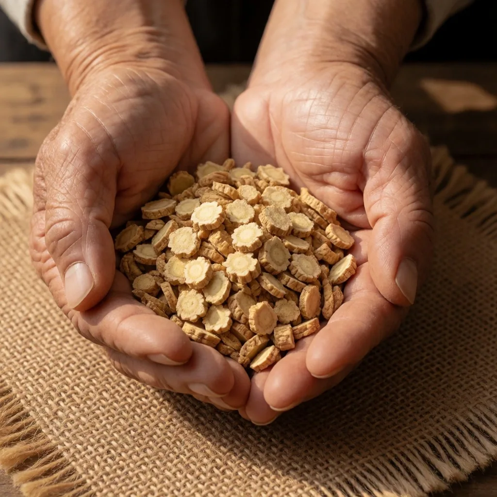 Dried ginseng root slices held in hands
