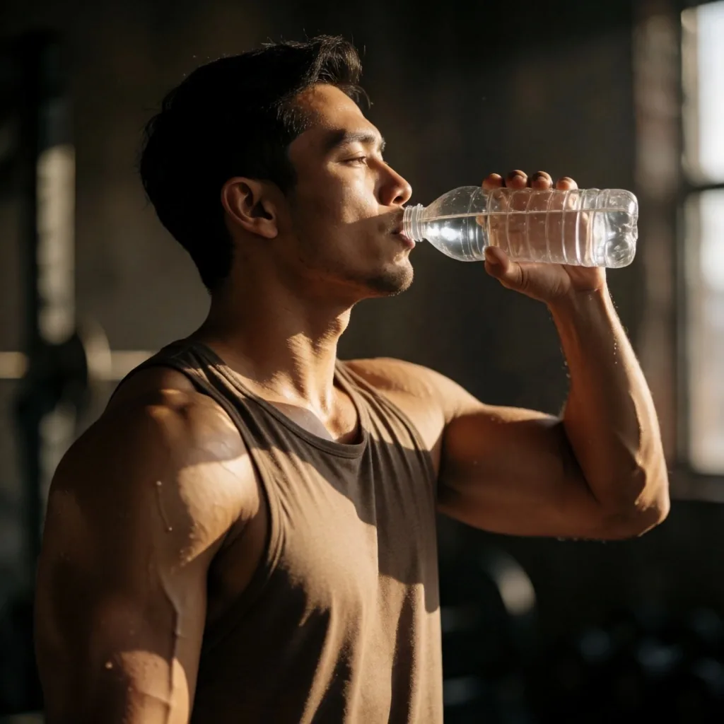 Man rehydrating after physical training in warm afternoon light