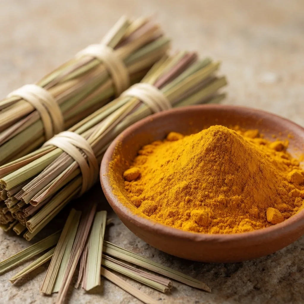 Turmeric powder and lemongrass as botanical specimens