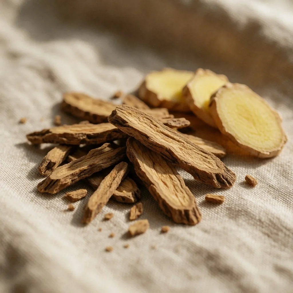 Dried botanical root specimens on linen