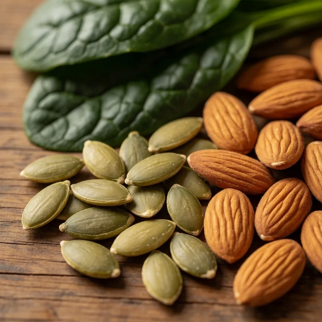 Magnesium-rich natural foods on wooden table
