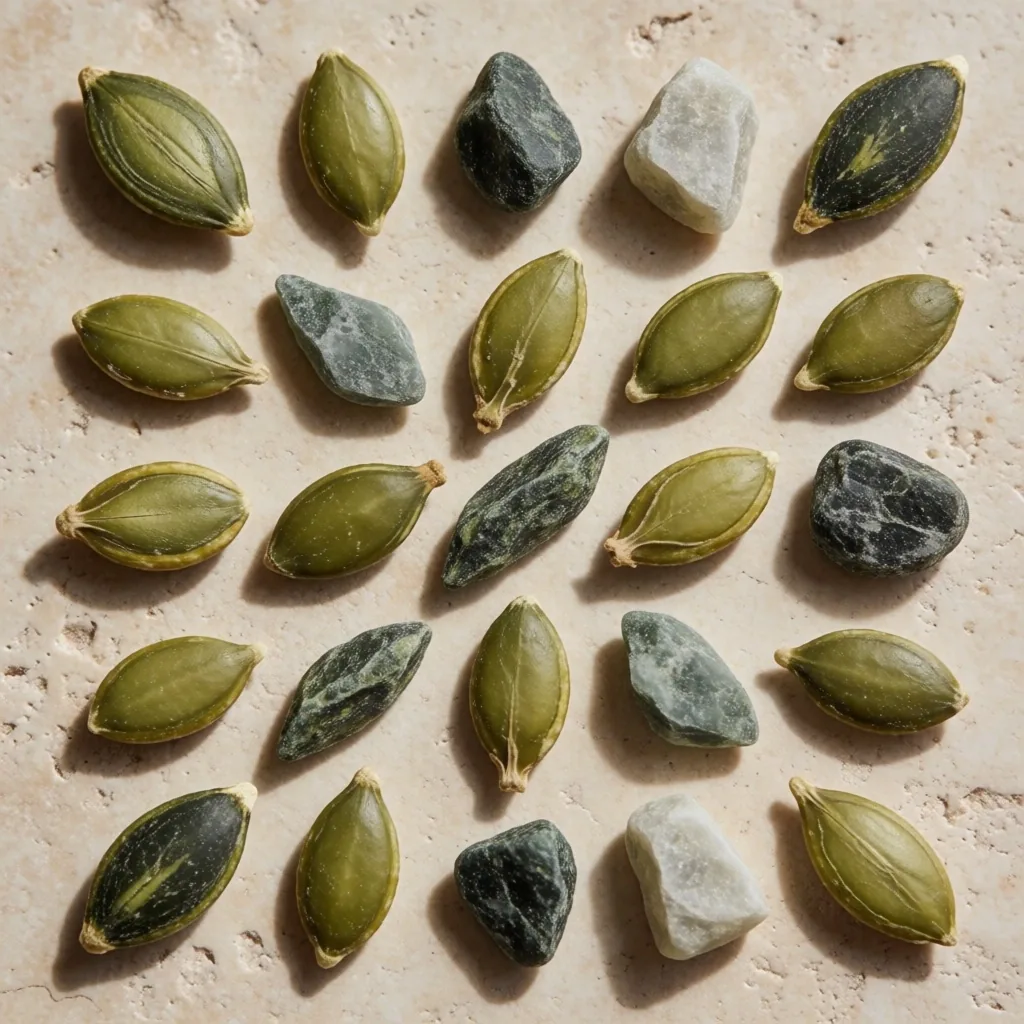 Mineral and seed specimens arranged in grid