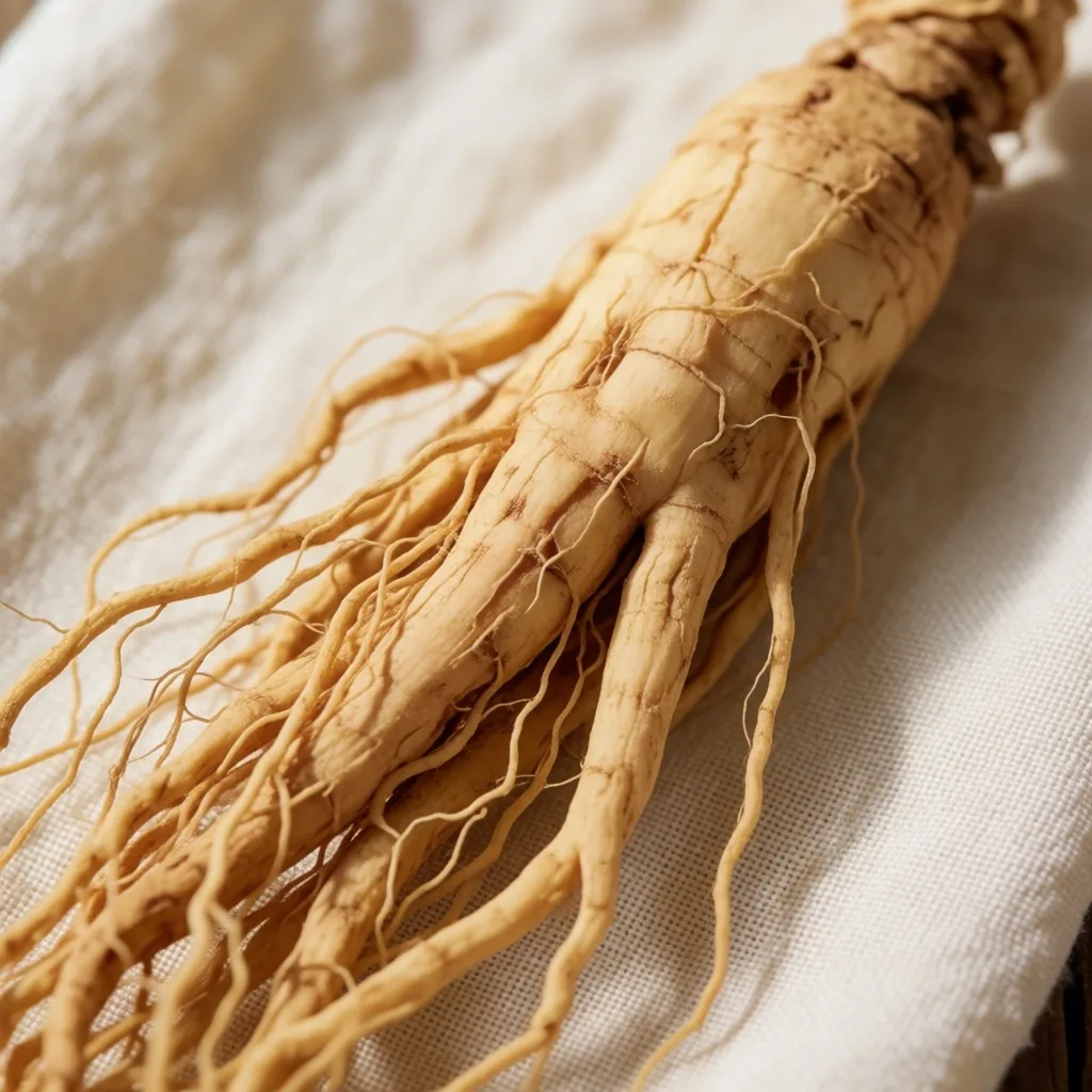 Panax ginseng root specimens on linen